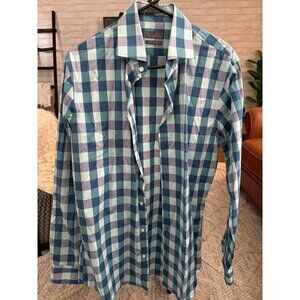 Calibrate Trim Fit Non-Iron Blue and Teal Plaid Mens Dress Shirt Size 15.5